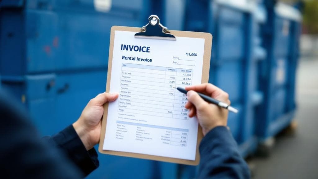 Dumpster rental pricing clipboard next to a blue dumpster