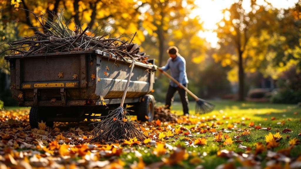 Fall yard cleanup with dumpster and autumn leaves