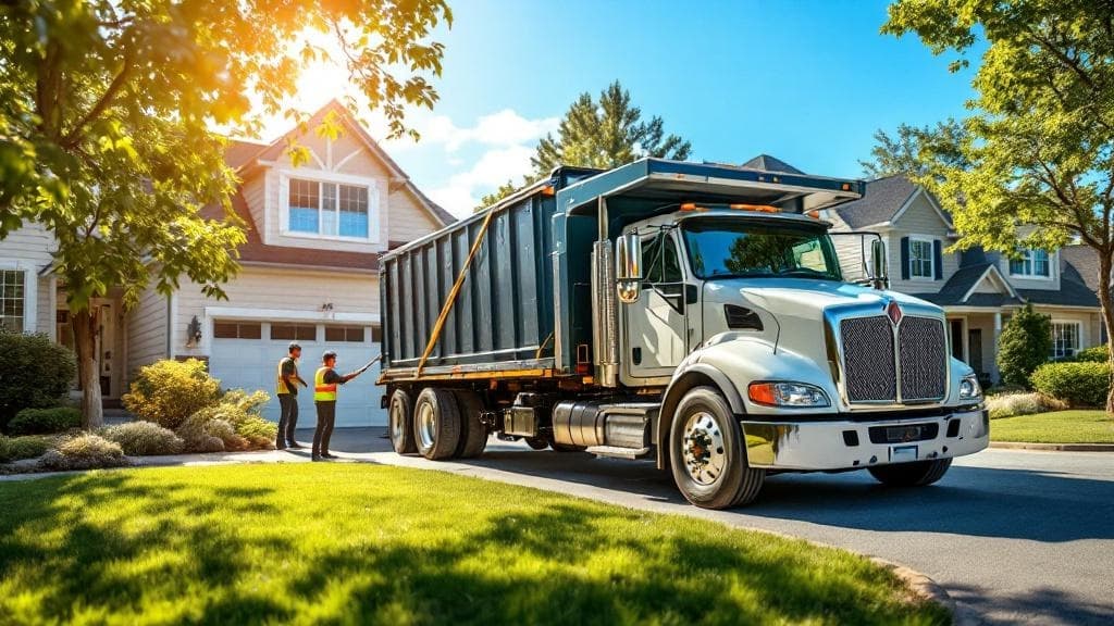 Roll-off truck delivering a dumpster to a residential driveway