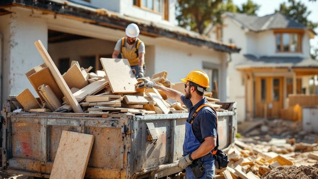 Home renovation with dumpster filled with construction debris