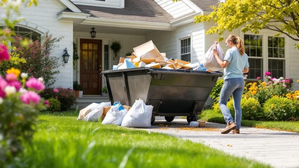 Spring cleaning with dumpster in front yard with blooming flowers
