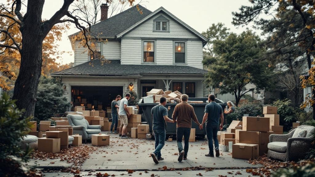 Estate cleanout with dumpster and moving boxes in driveway